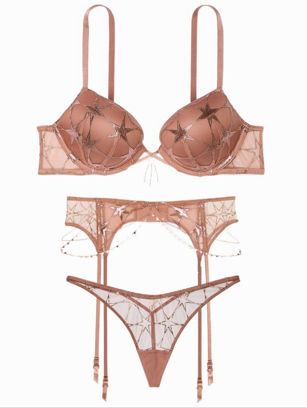 🆕Victoria's Secret Rose Gold Starstruck Bombshell, Garter & Thong - 32D/XS-S/S